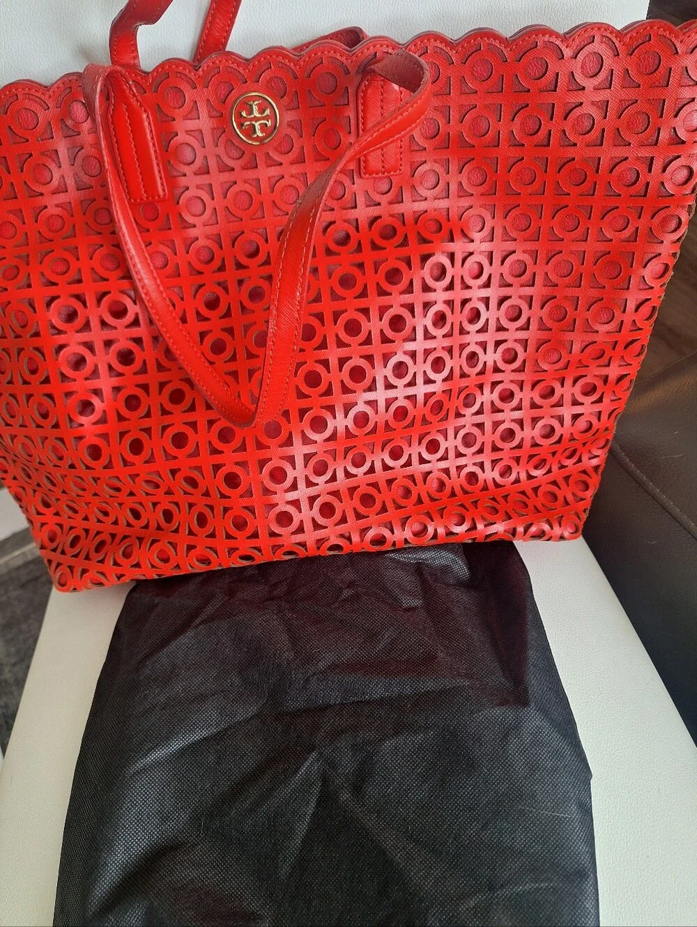 Tory Burch Coral Red Laser Cut Tote EUC